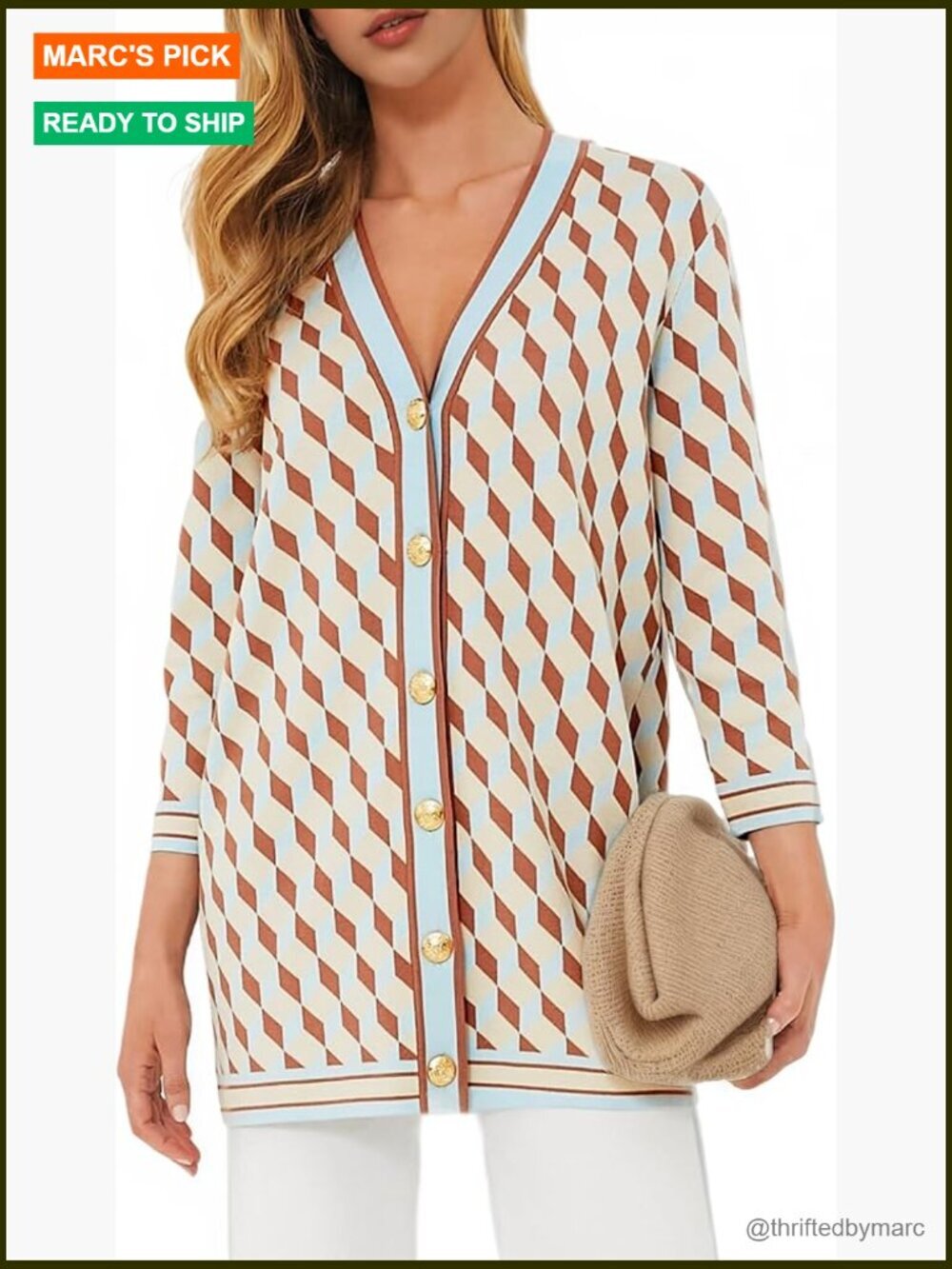 Open Front Cardigan Sweater Button Down 3/4 Sleeve Plaid Knit Lightweight Coat